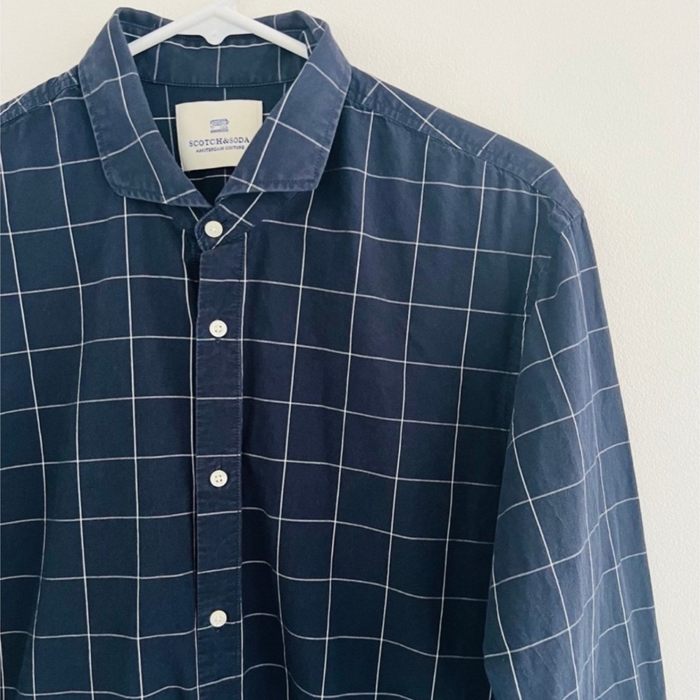 Scotch & Soda Blue Navy Graph Checkered Cotton Collared Button Down Large - Picture 3 of 6